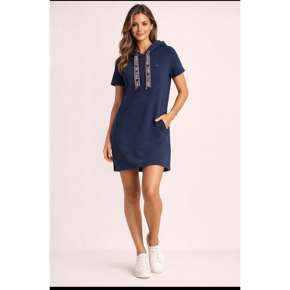 Tommy Hilfiger Navy Hoodie Dress Logo Tape Drawstring Short Sleeve Size M